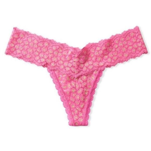 NWT (XXL) Victoria’s Secret The Lacie Sparkly Animal Lace Thong Panty Gold/Pink - Picture 1 of 10